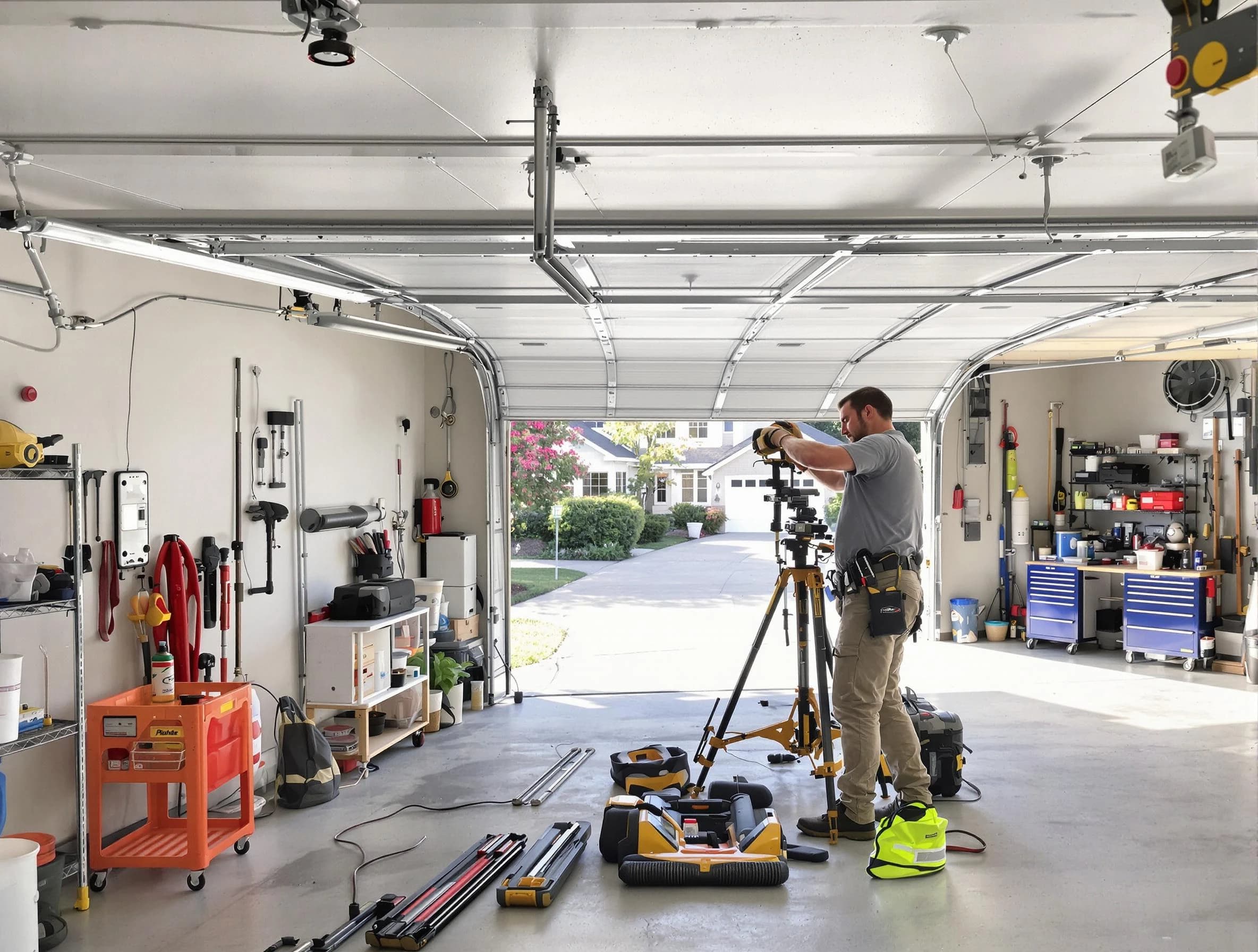 Randolph Garage Door Repair specialist performing laser-guided track alignment in Randolph