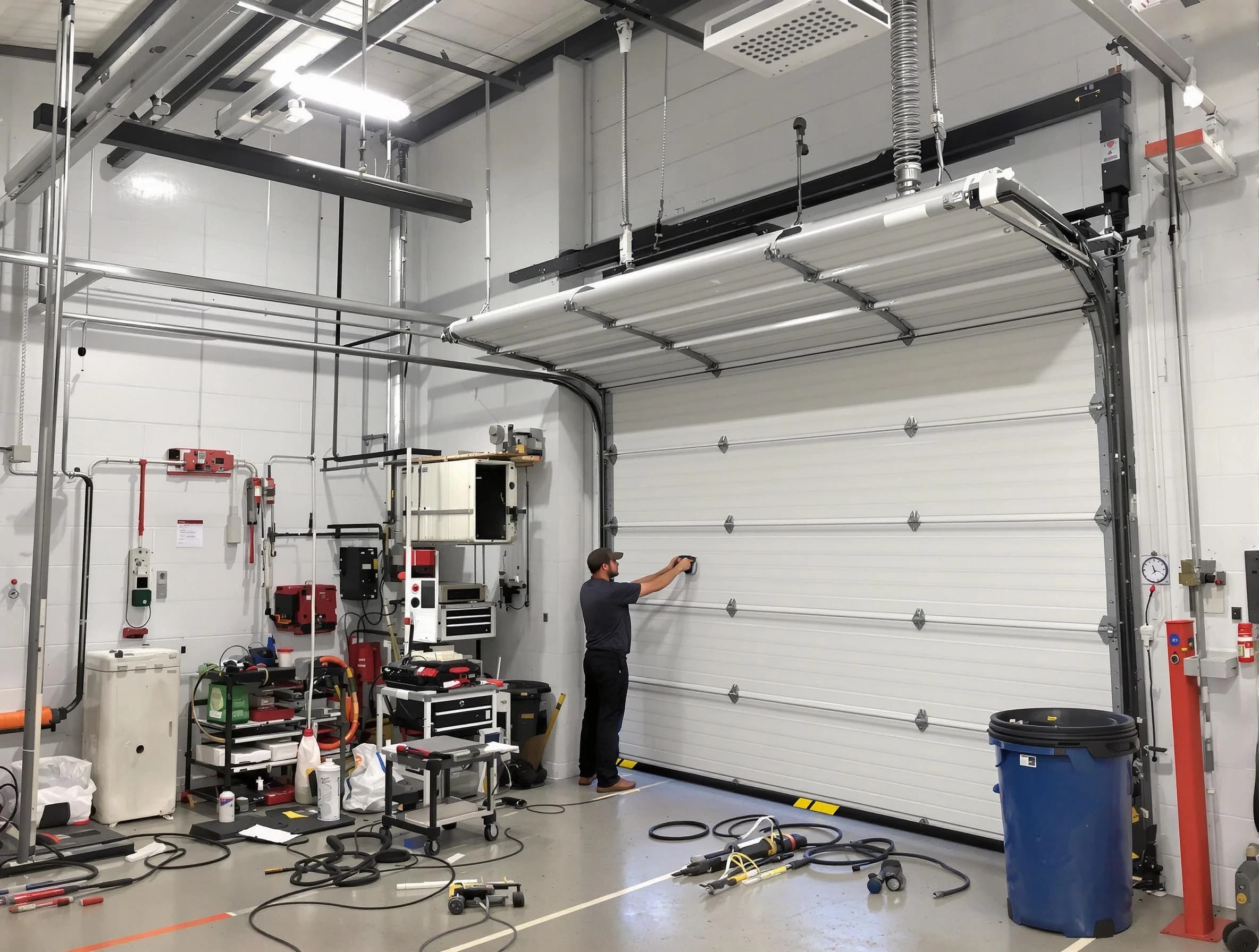 Randolph Garage Door Repair certified technician performing commercial door repair at a Randolph business facility