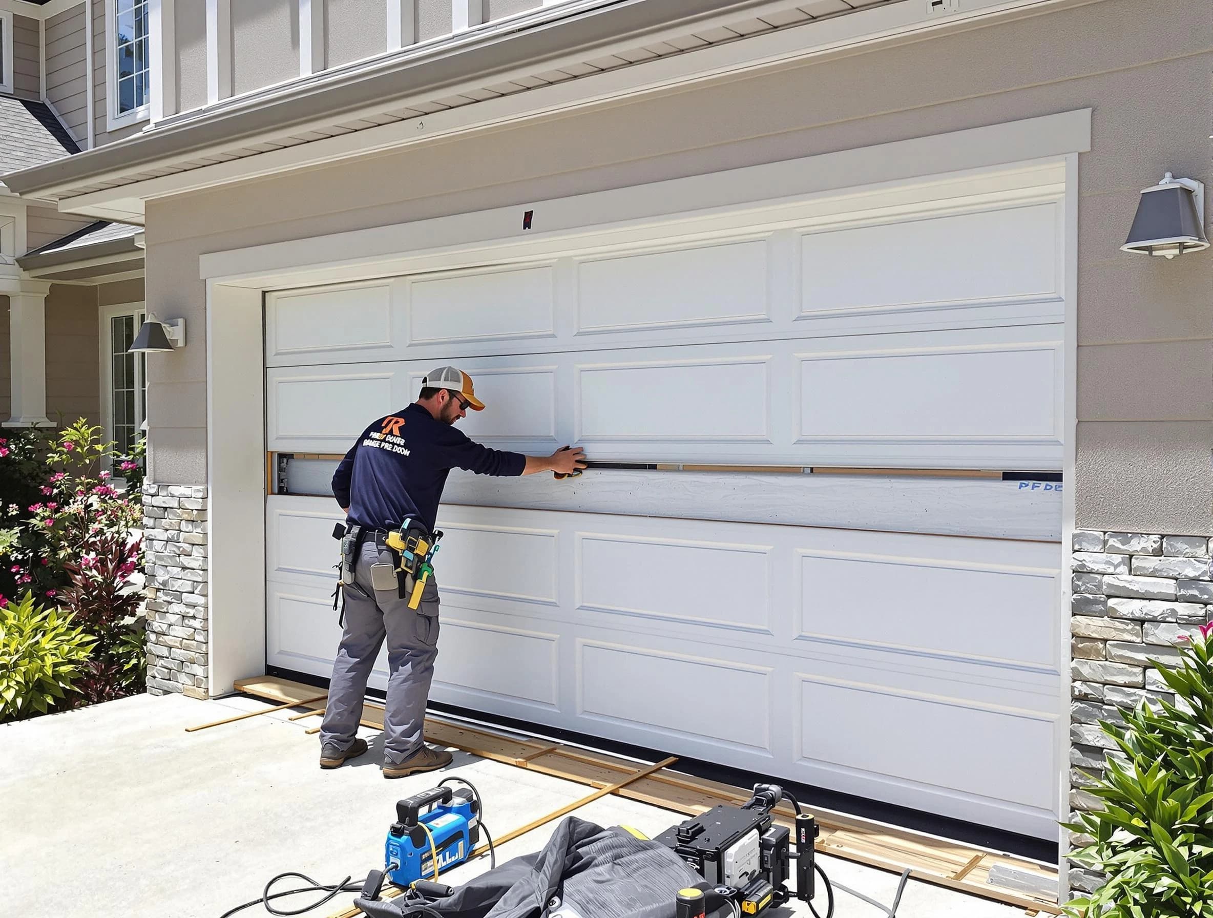 Randolph Garage Door Repair team performing complete garage door replacement at Randolph residence