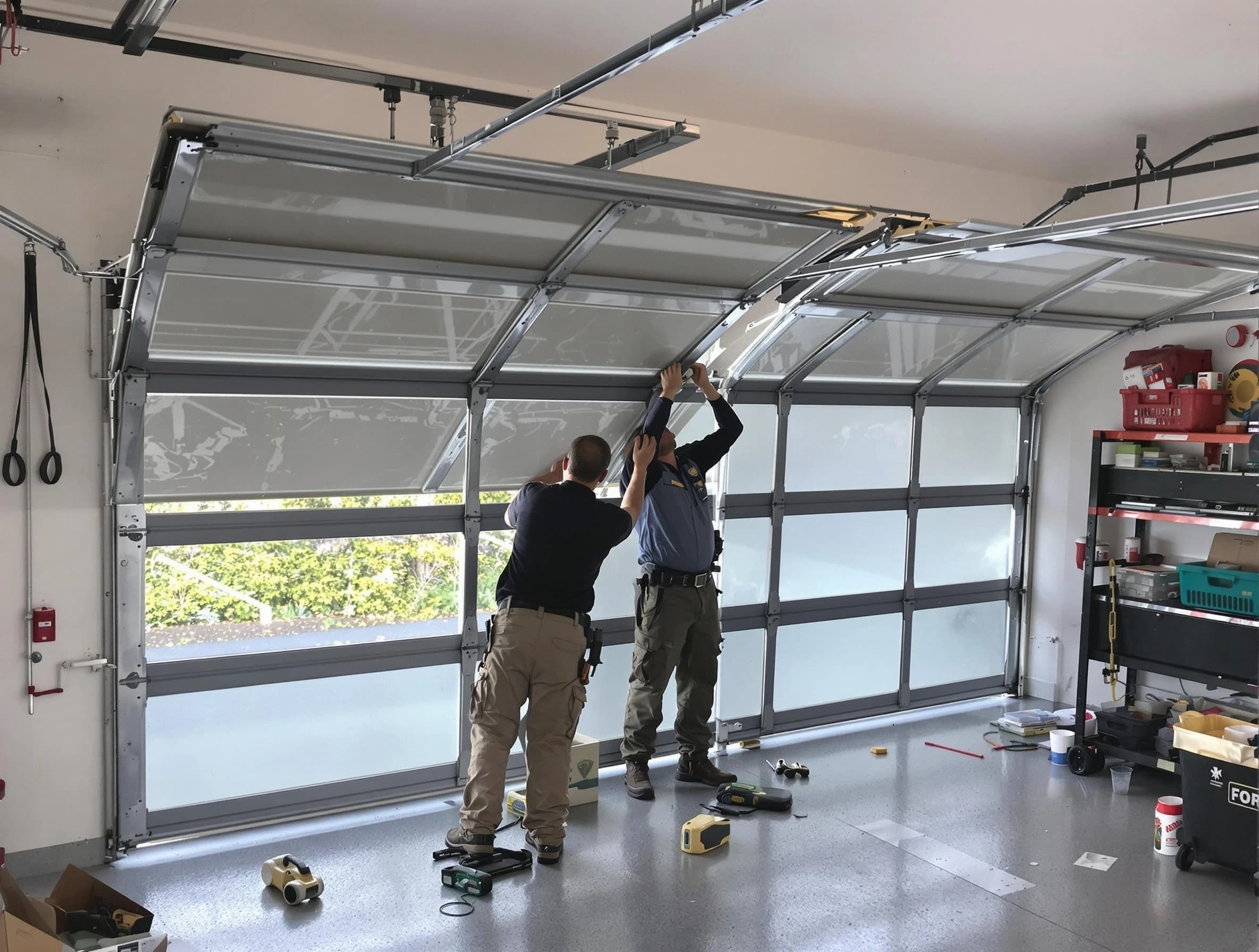 Randolph Garage Door Repair expert performing precise panel replacement on Randolph garage door